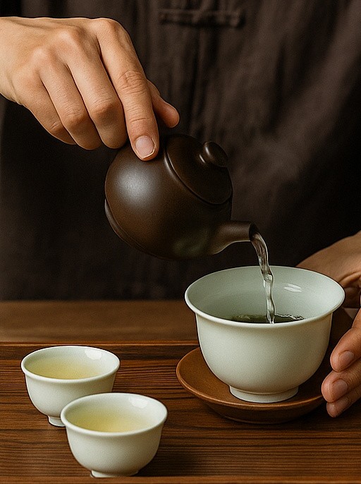 Artisan pouring oolong tea from a porcelain gaiwan
